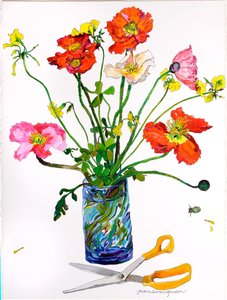 Coquelicots, vase bleu et ciseaux (aquarelle et encre sur papier) - Jean Swan Gordon