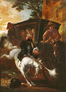 Avec un mousquet sur le dos, Ragotin monte à cheval pour accompagner la troupe, de 
