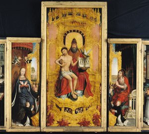 Polyptyque de la glorification de la Sainte Trinité, panneau central représentant la Trinité, la Vierge et Saint Jean-Baptiste, c.1509-16