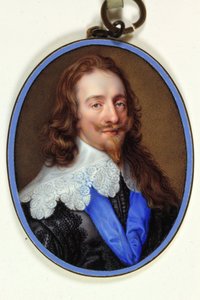 Roi Charles I en habit noir violet avec col en dentelle et ruban bleu de la Jarretière