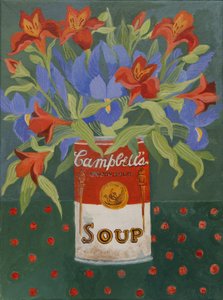 Iris et alstromeiria dans une boîte de soupe Campbell (acrylique)