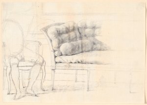 Étude pour le portrait de famille Holmskiold de 1787 : le canapé rembourré, et à gauche une chaise avec la figure de Holmskiold esquissée