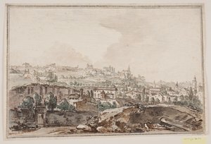 Vue de la ville avec maisons et mur près de la rivière; à l