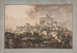 Vue romaine avec un mur au premier plan, une église et une ruine en arrière-plan