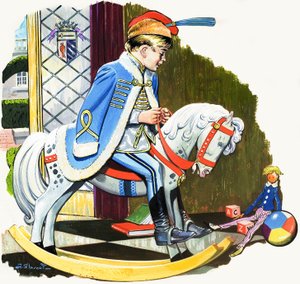 Garçon sur un cheval à bascule, illustration de "Teddy Bear" (gouache sur papier) - Jesus Blasco