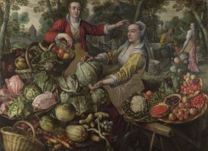 Les Quatre Éléments : Terre (Un marché de fruits et légumes avec la Fuite en Égypte en arrière-plan)