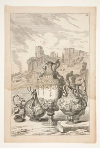 Quatre vases, un vase cassé, un chandelier cassé et un hermès dans un paysage avec des ruines classiques - Joachim von Sandrart