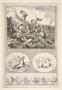 Partie supérieure : Néréides jouant Partie inférieure : Deux reliefs et six pièces