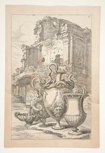 Vases dans un paysage parmi des ruines antiques - Joachim von Sandrart