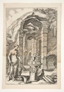 Femme en robe antique avec urnes, stands et ruines