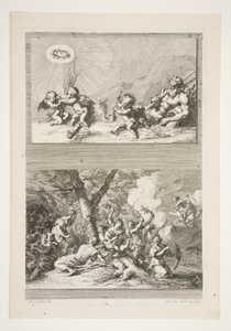 moitié supérieure : Un dieu de la rivière et des putti jouant avec les symboles de la renommée moitié inférieure : La punition de Cupidon - Joachim von Sandrart