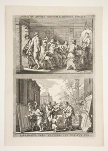 partie supérieure : COMPOSIT ZEUXES IUNONEM E QUINQUE PUELLIS partie inférieure : PARRHASIUS VELO, VOLVCRIS CEV FALLITOR VUA - Joachim von Sandrart