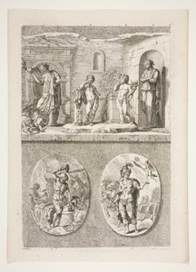 moitié supérieure : Quatre statues antiques moitié inférieure : Forge de Vulcain et un général romain victorieux - Joachim von Sandrart