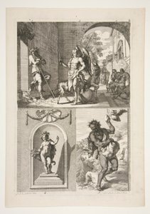 moitié supérieure : Sujet religieux inconnu moitié inférieure : Une statue de putto dans une niche et une statue de faune dans un paysage - Joachim von Sandrart
