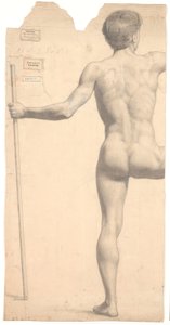 Modèle masculin debout, vu de dos, bâton dans la main gauche, bras et jambe droite coupés - Joakim Frederik Skovgaard