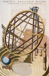 Grande sphère armillaire équatoriale conçue par Tycho Brahe, illustration du Grand atlas ou Cosmographie blaviane (Atlas Maior)