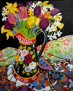 Pichet de bateau-canal, jonquilles et tulipes