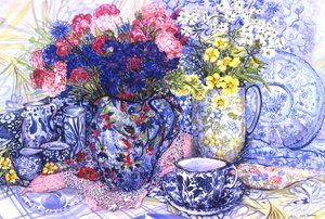 Bleuets avec cruches antiques et tissus à motifs, 2012 - Joan Thewsey