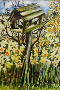 Jonquilles et oiseaux dans la volière, 2000 (gouache)