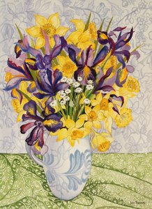 Iris et jonquilles avec textiles à motifs, 2008 - Joan Thewsey