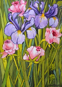 Roses et iris dans le jardin - Joan Thewsey