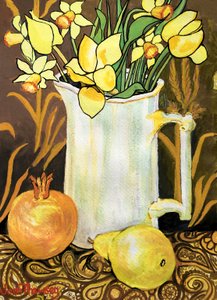 Tulipes et jonquilles dans un pichet blanc, avec textiles, grenade et poire - Joan Thewsey