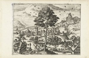 Paysage avec petite ville au bord de la rivière