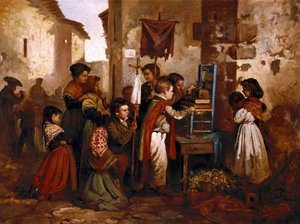 Enfants jouant dans la procession religieuse, peinture de Joaquim Vayreda y Vila