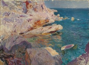 Rochers de Jávea avec bateau blanc. 1905 - Joaquín Sorolla