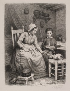 Le chat reçoit son dîner chez une femme pauvre. Scène domestique - Joel Ballin