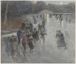 Divertissement sur glace au clair de lune, sur un étang gelé dans le Haagse Bos
