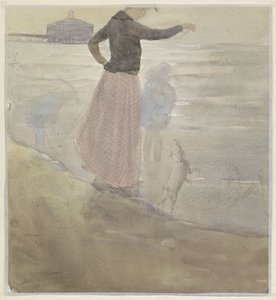 Femme avec deux enfants et un petit chien à la plage