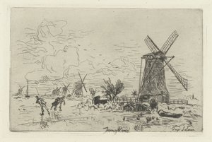 Paysage avec moulins et patineurs