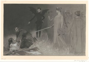 Chamberlain, en tant que diable, et Kitchener dans une allégorie politique sur la guerre en Transvaal