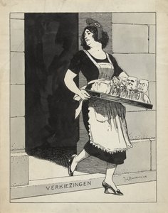 Conception pour illustration dans De Amsterdammer : La Vierge néerlandaise comme servante avec un plateau de verres trébuche sur la marche Élections (17 mai 1924)