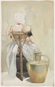 Jeune fille assise en costume, vue de dos