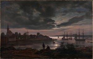 Norvégien :  Port de Larvik au clair de lune Larvik by Moonlight - Johan Christian Dahl