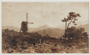 Paysage de collines avec un moulin à gauche - Johan Hendrik Weissenbruch