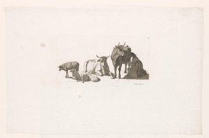 Femme trayant une vache, avec du bétail et des moutons