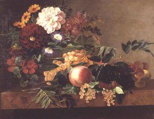 Fleurs et fruits sur une table en marbre - Johan Laurents Jensen