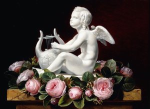 Guirlande de roses roses autour de Cupidon jouant de la lyre sur un rebord de marbre, 1841