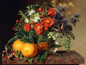 Oranges, mûres et un vase de fleurs sur un rebord, 1834
