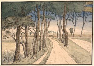 Paysage de campagne. Au premier plan, un chemin avec des arbres