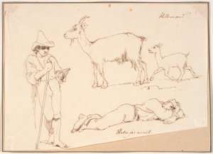 Un berger, une chèvre avec son chevreau et un homme allongé