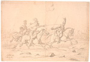 Combat de cavaliers ; en haut, une étude de tête - Johan Thomas Lundbye