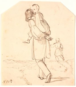 Un jeune homme porte une petite fille sur son dos à travers un paysage - Johan Thomas Lundbye