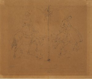 Madame Raffenberg assise sur un âne. Deux représentations séparées par une tige de plante - Johan Thomas Lundbye