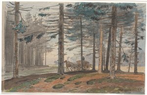 Forêt de sapins avec route, sur laquelle roule une charrette avec une charge de bois. En arrière-plan, une clairière dans la forêt
