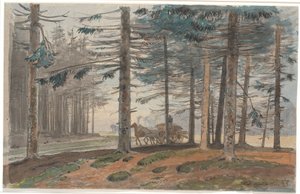 Forêt de sapins avec route, sur laquelle roule une charrette avec une charge de bois. En arrière-plan, une clairière dans la forêt - Johan Thomas Lundbye