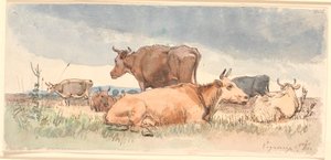 Paysage avec trois vaches couchées et trois debout - Johan Thomas Lundbye